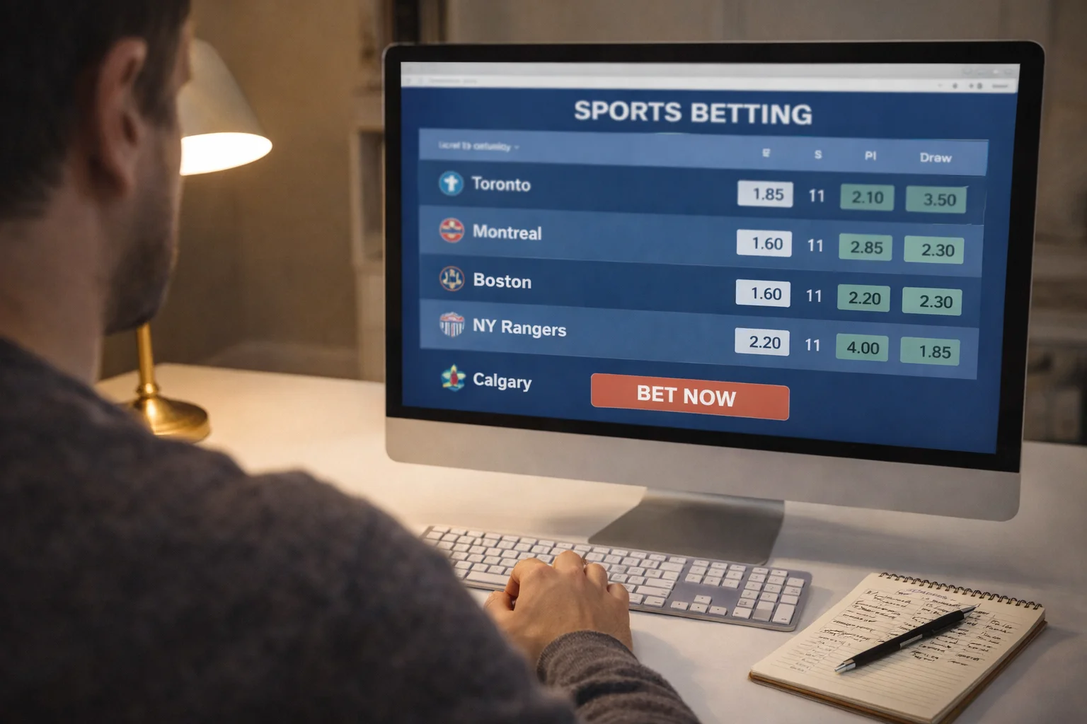 Person som analyserar ishockeyodds på en datorskärm