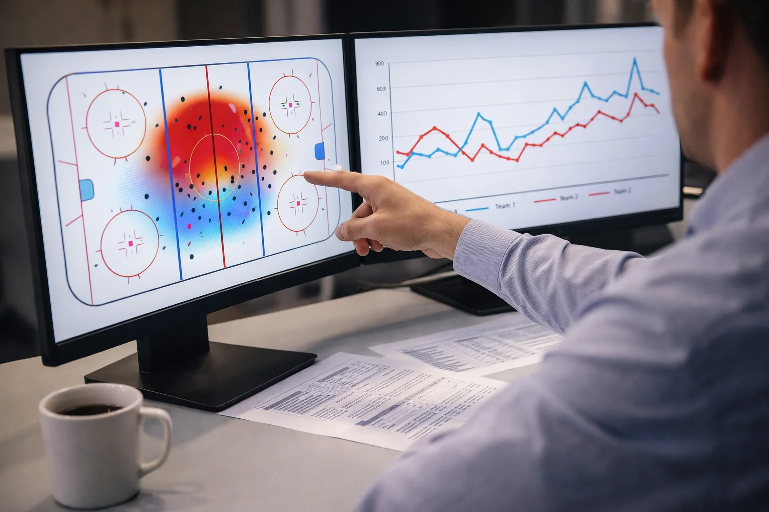 Hockeyanalytiker studerar avancerad matchstatistik på skärm