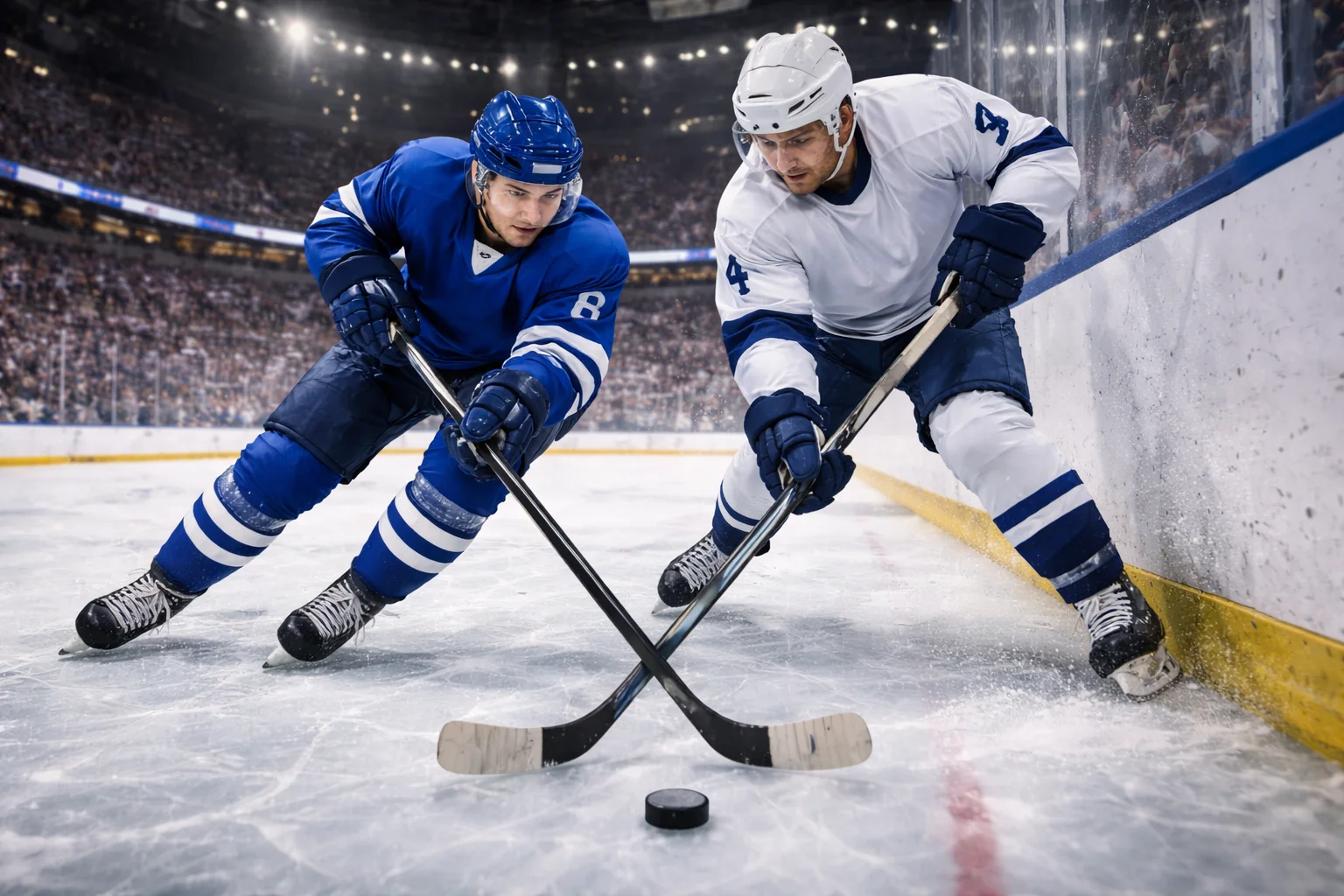 Ishockeymatch i full gång med spelare som kämpar om pucken vid sargen